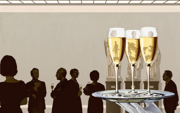 Illustration av människor som minglar med champagne på vernissage