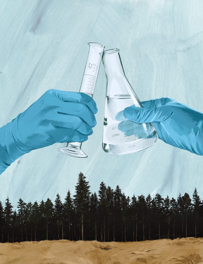 Illustration. Två glas i ett laboratorium. Blå hanskar. Skogen i bakgrund.