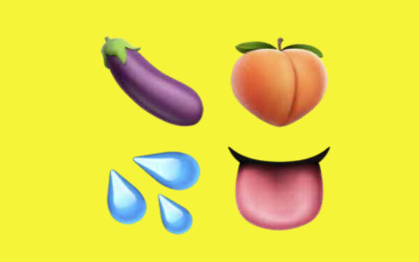 Illustration: emojierna aubergine, persika, svettdroppar och tunga mot gul bakgrund.